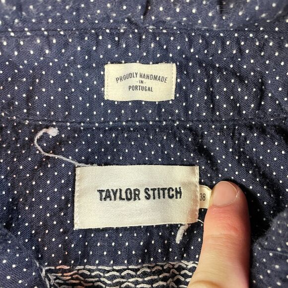 Taylor Stitch Shirt Mens 38 Blue Polka Dot Handmade Button Up Logo Outdoor USA - Picture 5 of 11